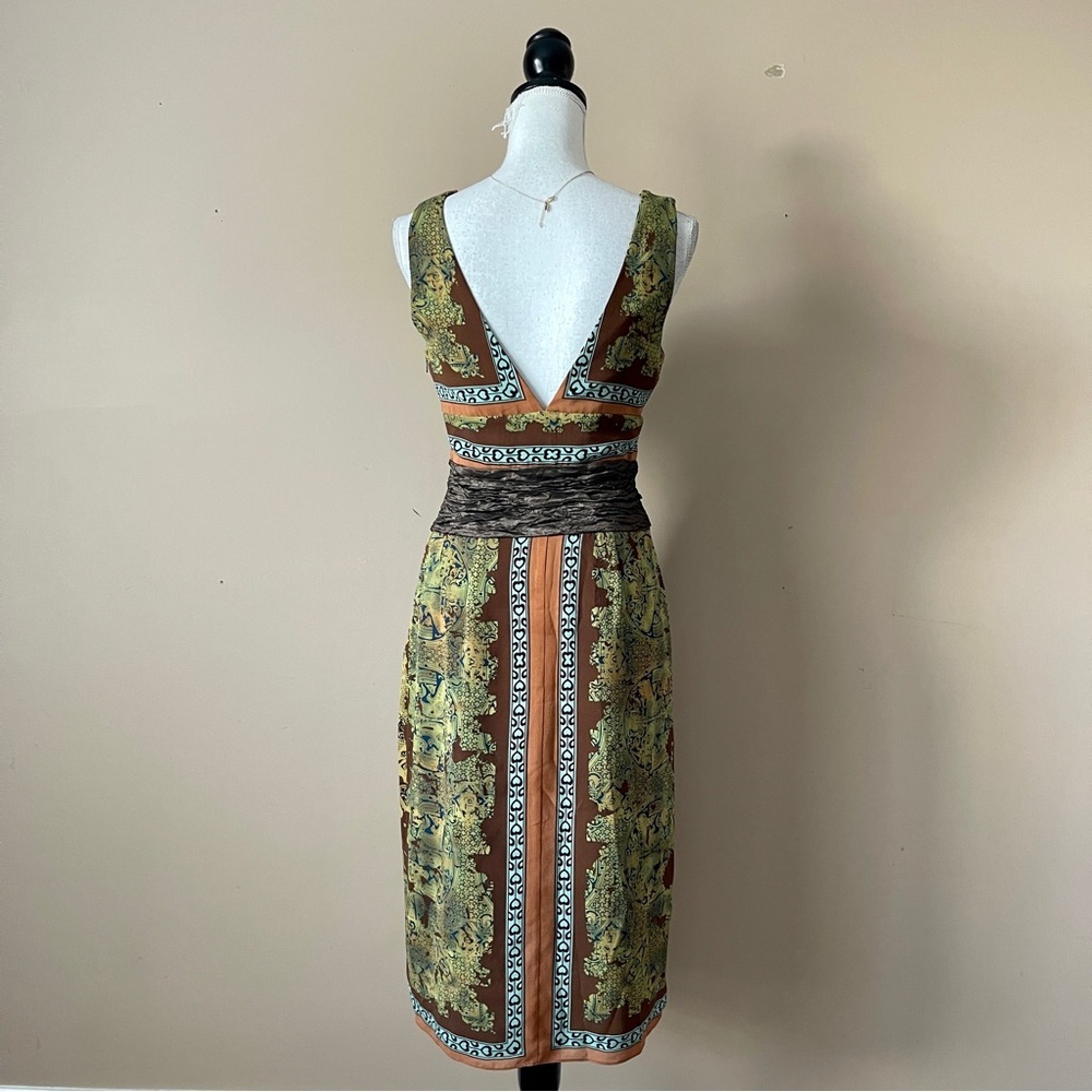 NICOLE MILLER | 100% Silk Patterned Deep V-neck Midi Cocktail Dress Sz 4 - Picture 7 of 9